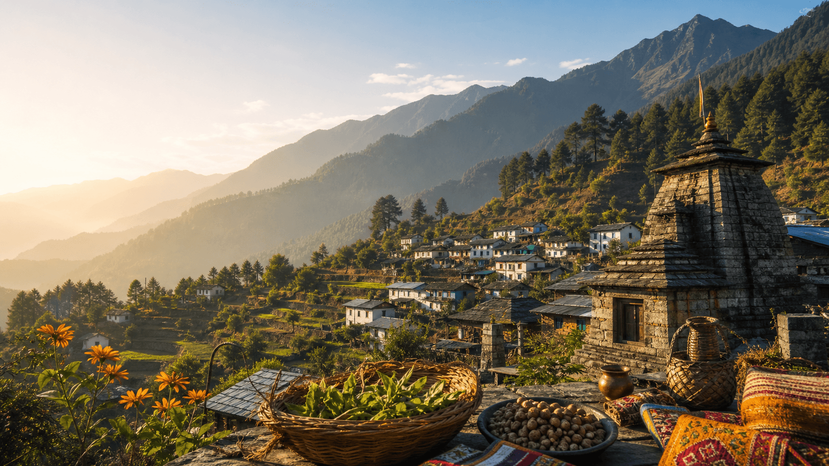 Kumaoni Himalayan village with pine forest, temple, and local products