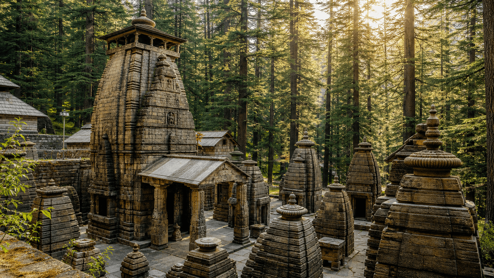 Ancient stone temples of Jageshwar surrounded by tall deodar forest