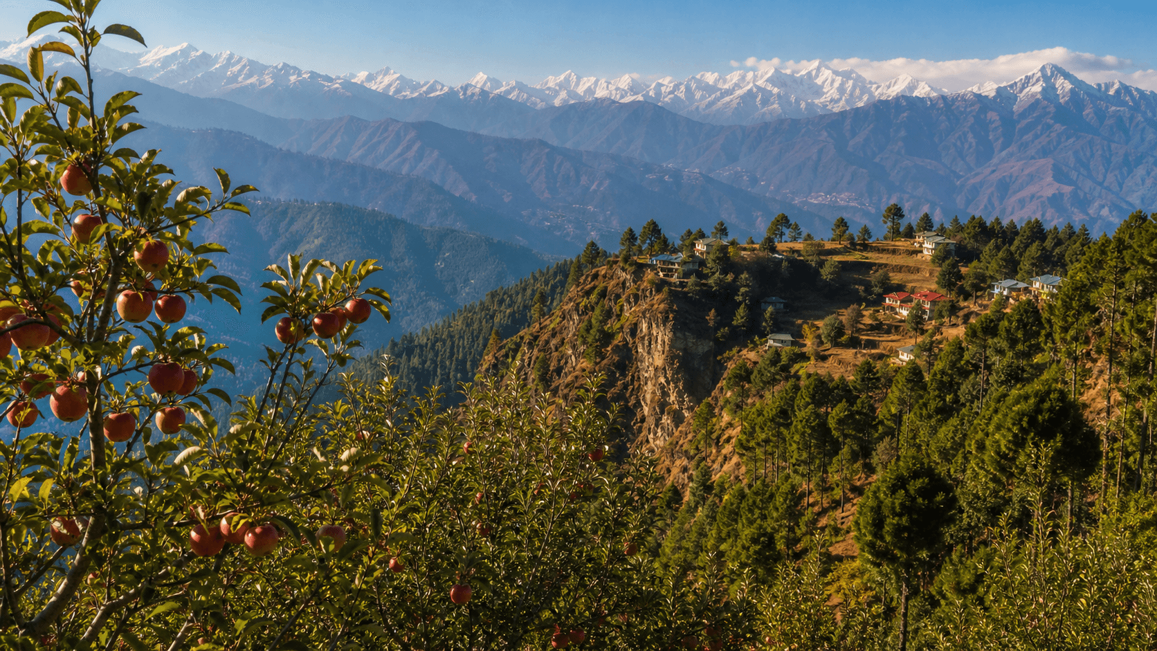 Mukteshwar orchard and cliff-side Himalayan viewpoint with pine forest